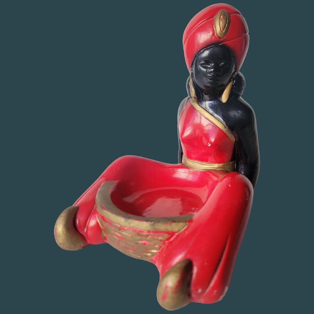 Vintage 1950s Chalkware Black, Red & Gold Genie Woman Catchall Dish